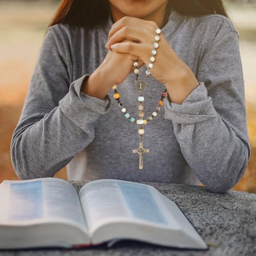 KOMI Catholic Gemstone Rosary Beads for Women - Holy Prayer Beads Necklace With Crucifix Cross