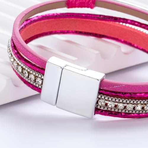 Christian Cross Leather Bracelets Boho Western Blessing Religious Jewelry - color: Hot Pink
