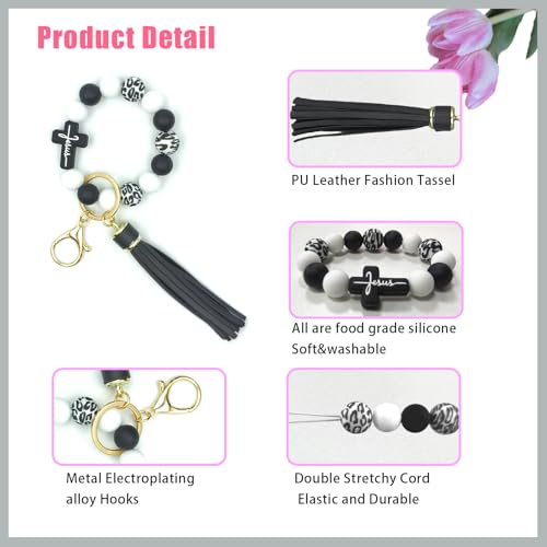 SHINYHARBOR Silicone Beaded Wristlet Keychain Bracelet,Key Wrist Keychains for Women Mom Teachers Best Friend - color: Cross-black&white