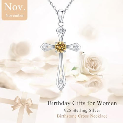 Cross Necklace for Women,925 Sterling Silver Faith Jewerly Gift - color: 11-November-Citrine