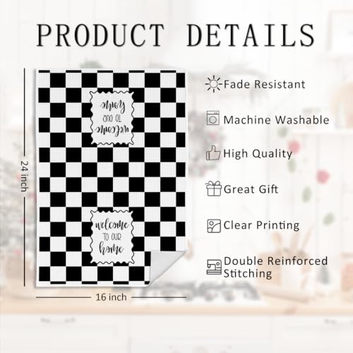 Black White Check Welcome Home Sweet Home Kitchen Towels Set of 2 - color: Sweet Home D