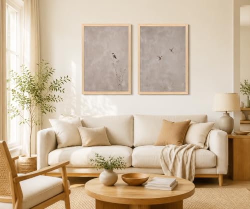 Minimalist Bird Wall Art Set of 2 Framed Canvas Prints Neutral Beige Nature Artwork Modern Scandinavian Botanical Wall Decor for Living Room Bedroom Bathroom 16x24inch - color: Beige little bird, size: 16x24 Inches