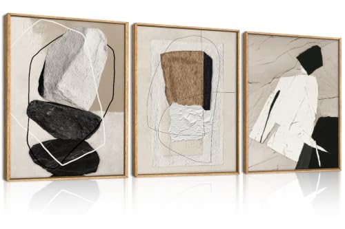 ANHUIB Neutral Abstract Wall Art Canvas,Black Beige Artwork, Modern Textured Framed Wall Art, Minimalist Geometric Painting,16x12Inches Set of 3 for Living Room Bedroom - color: Neutral Abstract, size: 16"L x 12"W
