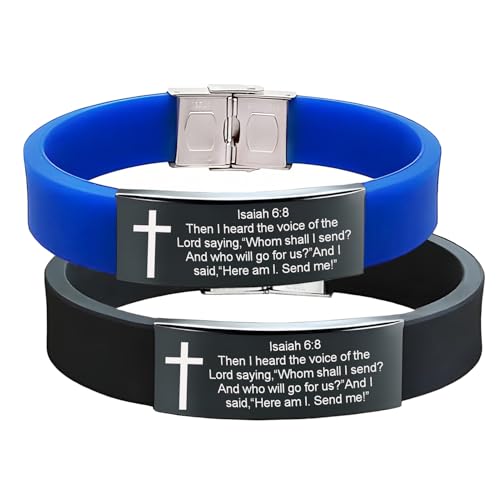 Bible Verse Isaiah 6:8 Bracelets - 2Pcs Inspirational Isaiah 6 8 Cuff Bracelet with Cross Symbol Christian Jewelry Silicone Wristband with Bible Quote For Men Women - color: Black+Blue