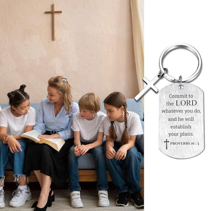 Inspirational Scripture Keychain with Cross - Bible Verse Matte Key Chain Religious Gift for Christian - style: Proverbs 16:3