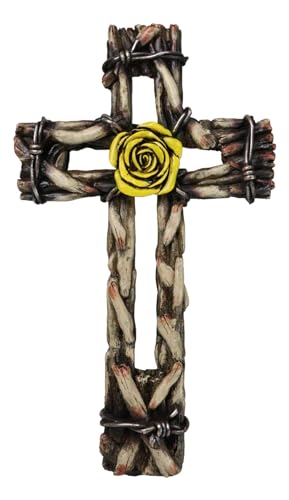 Ebros Gift Rustic Western Yellow Rose with Distressed Faux Wood and Barbed Wires Decorative Wall Cross Plaque Figurine Inspirational Home Accent