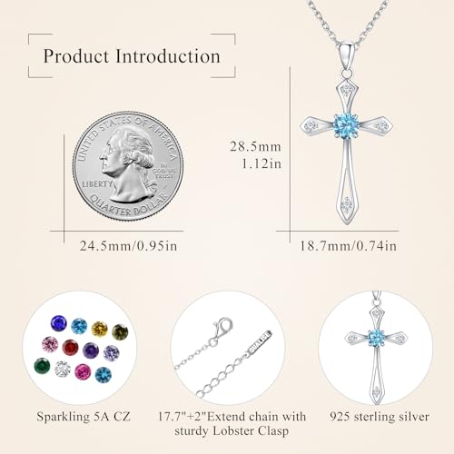 Cross Necklace for Women,925 Sterling Silver Faith Jewerly Gift - color: 03-March-Aquamarine