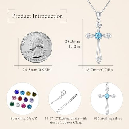 Cross Necklace for Women,925 Sterling Silver Faith Jewerly Gift - color: 03-March-Aquamarine