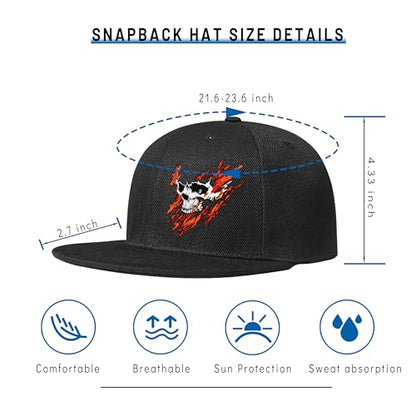 Skull Flat Bill Hats for Men Women Adjustable Dad Trucker Hat Skeleton Snap Backpack Hats for Hip-hop Running Cycling - color: Fire Skeleton