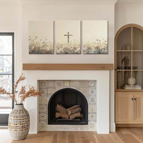 QKYKISS 3Pcs Jesus Wall Art Nature Wildflowers Cross Canvas Poster Religious Pastoral Scenery Picture Rustic Meadow Mural Country Flowers Art Print Living Room Bedroom Office With wooden frame12x16in - color: Religious Cross, size: 12x16 Inches