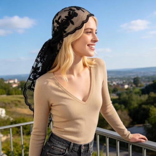 Lystaii Triangle Lace Mantilla Veil Catholic Chapel Head Covering Scarf - color: Black