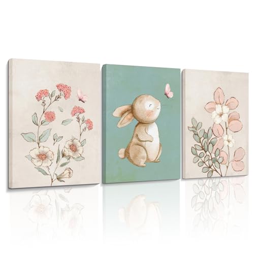 Framed Nursery Wall Art Set of 3 Pink Flower Botanical Pictures 16x24 In - color: Bunny(Canvas), size: 24"L x 16"W