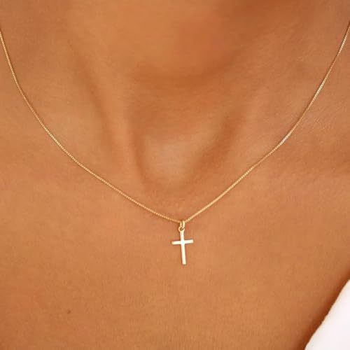 Rotnso Cross Necklace for Women 14K Gold Plated Dainty Small Pendant Choker - style: Thin Box Chain Small Cross-GD