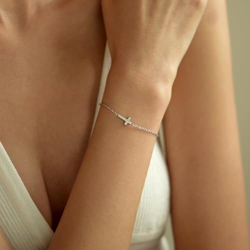 18K Gold Plated Pearl Beaded Cross Bracelets for Women Adjustable - color: Tiny Cross-White Gold