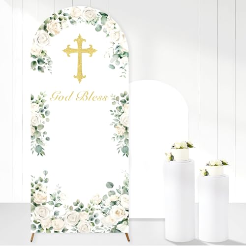 Sage Green God Bless Arch Backdrop Cover 6.1ft x 2.6ft Floral Stretch Fabric Arch Stand Cover for God Bless Party Boy Girl Religious Celebration Church Event Decor Washable Reusable - color: sage green gold bles
