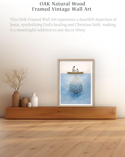 iHery 12x16in Miraculous Catch of Fish Framed Christian Wall Art - color: OAK Framed Fish, size: 16"L x 12"W