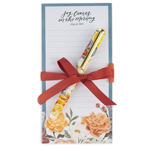 Christian Art Gifts Magnetic Notepad & Pen Set, Joy Comes in the Morning - color: Blue & Orange Multicolor Floral/Joy