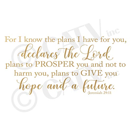 for I Know The Plans I Have for You, Declares The Lord, Plans to Prosper You Jeremiah 29:11 Scripture Decal Wall Decals Vinyl Lettering Sticker Words (16.5" H x 34" L, Metallic Gold)