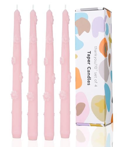 Pink Candlestick Taper Candles Flower Soy Candles Unscented Wedding Party Wax Unscented Dinner Candle Dripless,10 inch,Set of 4,J2 - color: J2-Pink