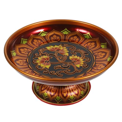 Buddhist Plate Offering Bowls Food Dessert Snack Fruit Tray Blessing Tinplate Bowl for Altar, Dark Red Metal Plate for Shrine, Hindu,Sweets, Incense (6 Inch)