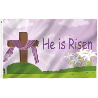 Anley Fly Breeze 3x5 Foot He Is Risen Easter Flag - Vivid Color and Fade proof - Canvas Header and Double Stitched - Good Friday Christian Jesus Lily Flags Polyester with Brass Grommets 3 X 5 Ft - color: He Is Risen