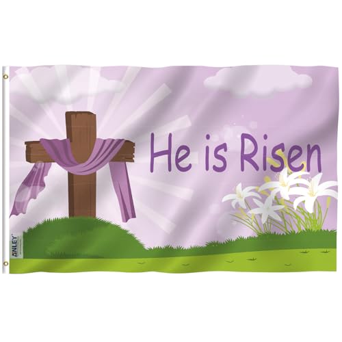 Anley Fly Breeze 3x5 Foot He Is Risen Easter Flag - Vivid Color and Fade proof - Canvas Header and Double Stitched - Good Friday Christian Jesus Lily Flags Polyester with Brass Grommets 3 X 5 Ft - color: He Is Risen