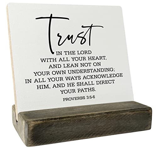 Gkwa Proverbs 3:5-6 Wood Plaque, 4 x 4.3 inches, MDF Display Board, Plaque with Wooden Stand, Meaningful Wood Sign Gift, Bible Verse Sign, Christian Home Décor - color: Home001