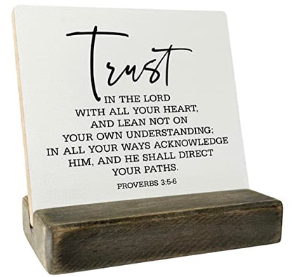 Gkwa Proverbs 3:5-6 Wood Plaque, 4 x 4.3 inches, MDF Display Board, Plaque with Wooden Stand, Meaningful Wood Sign Gift, Bible Verse Sign, Christian Home Décor - color: Home001