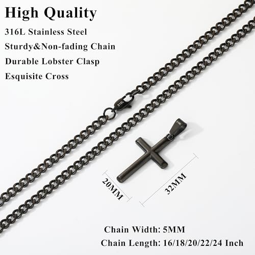 Avotto 316L Stainless Steel Cross Necklace Jewelry Gifts for Men Boys, Silver Gold Black Necklaces 5mm Non-Fading Sturdy Cuban Chain with Cross Pendant 14/16/18/20/22/24Inch - color: Black, size: 22 inch(55cm)-Long Fit