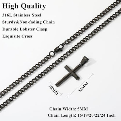 Avotto 316L Stainless Steel Cross Necklace Jewelry Gifts for Men Boys, Silver Gold Black Necklaces 5mm Non-Fading Sturdy Cuban Chain with Cross Pendant 14/16/18/20/22/24Inch - color: Black, size: 24 inch(60cm)-Extra Long Fit