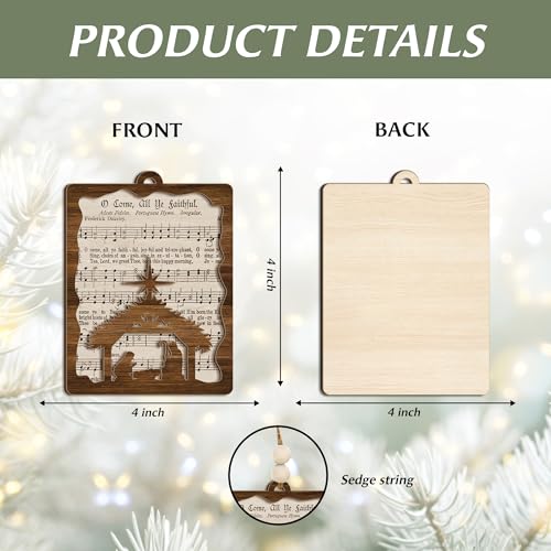 Nativity Hymn Ornament “O Come, All Ye Faithful” – Wooden Christmas Tree Decoration with Hymn Sheet & Holy Family Silhouette Ornament – Christian Holiday Keepsake & Religious Gift