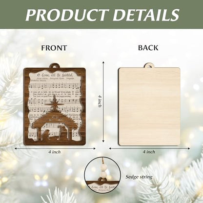 Nativity Hymn Ornament “O Come, All Ye Faithful” – Wooden Christmas Tree Decoration with Hymn Sheet & Holy Family Silhouette Ornament – Christian Holiday Keepsake & Religious Gift
