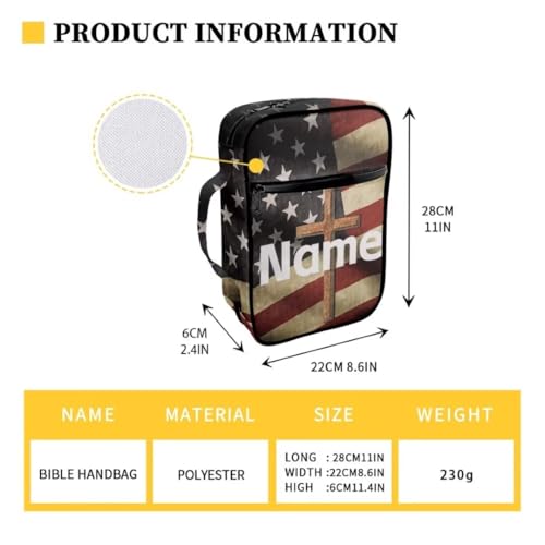 Coldinair Custom Name Bible Cover for Men Women,Cross American Flag Church Bible Protective Book Case with Pen Slot Handle & Zippered Pocket Travel Christian Bible Accessories,Add Your Name - color: Add Your Name,cross American Flag