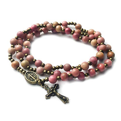 Pink Rhodonite Stone Catholic Rosary Bracelet for Women with Virgin Mary Our Lady of Graces Medal Charm - Catholic Gifts