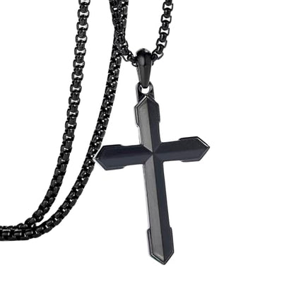 Stainless Steel Cross Necklace for Men with Adjustable Box Chain Christian Cross neckalce Gift - color: Black-A