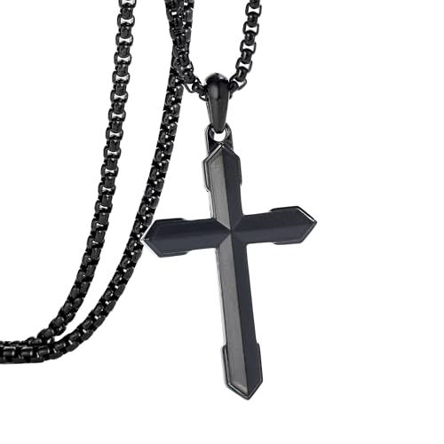 Stainless Steel Cross Necklace for Men with Adjustable Box Chain Christian Cross neckalce Gift - color: Black-A