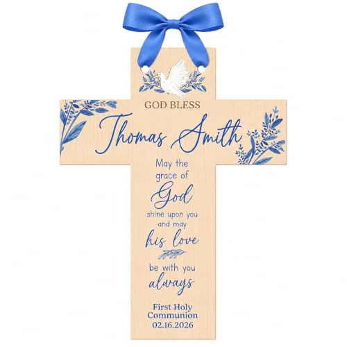 Personalized Wall Cross Catholic Boys First Communion Gifts | Religious Keepsake | 1st Holy Communion Gifts for Boys Personalized Baptism Cross Home Decor Wall Cross, Personalzied Baptism Cross Boy Regalo Mi Bautizo (May The Grace...) - color: May The Gra