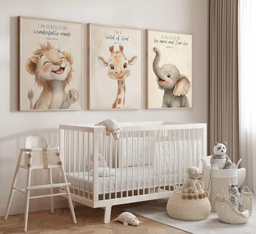 3Pcs Nursery Christian Bible Verses Safari Animals Wall Art Child of God Cute Animals Picture Wall Decor Lion Giraffe Elephant Poster Print Artwork for Kids Boys Girls Room Home Decoration Unframed - color: Poster, size: 24L" x 16W"
