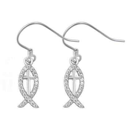 Christian Fish CZ Dangle Earrings 925 Sterling Silver