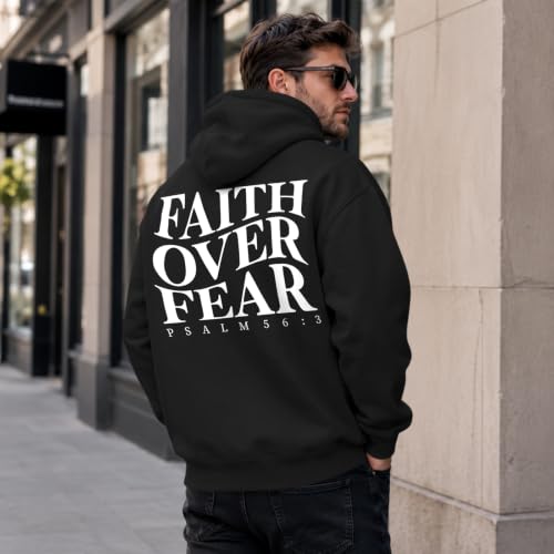 Faith Over Fear Christian Hoodies for Men Religious Jesus Hoodie Bible Verse Graphic Sweatshirt Fleece Pullover - color: Black, size: Medium