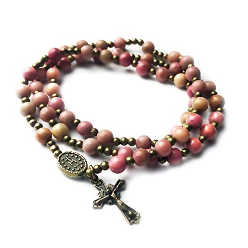 Pink Rhodonite Stone Catholic Rosary Bracelet for Women with Virgin Mary Our Lady of Graces Medal Charm - Catholic Gifts