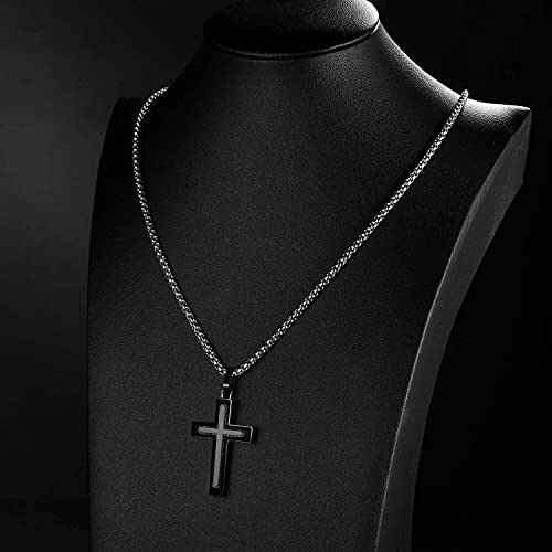 Holizaly Men's Cross Necklace 316L Stainless Steel Pendant White/Gold/Black/Blue Rolo Chain-Gift Box Included - color: black