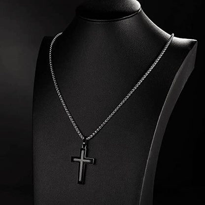 Holizaly Men's Cross Necklace 316L Stainless Steel Pendant White/Gold/Black/Blue Rolo Chain-Gift Box Included - color: black
