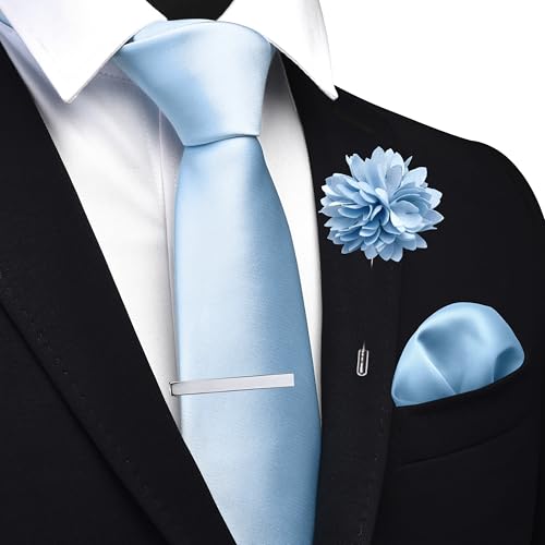 Branduce 3.15"（8cm） Mens Tie and Lapel Pin Solid Necktie Handkerchief Tie Clip Set for Men - color: Baby Blue