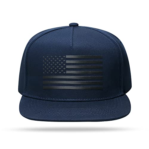 UALON Baseball Cap, Snapback Trucker Hat for Men & Women with American Flag and Adjustable, Breathable Mesh, Flat Bill Hats - color: Navy