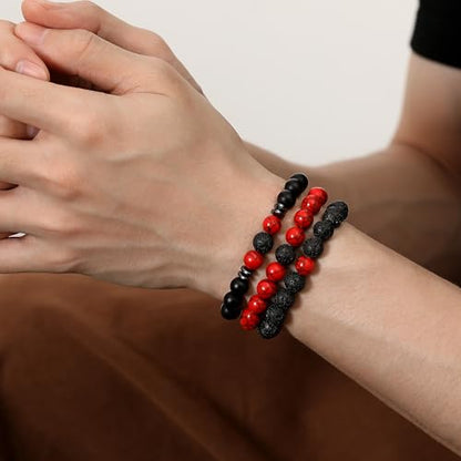 Mens Beaded Bracelets, 8MM Beaded Bracelets for Men, Natural Tiger Eye Bead Bracelet, Stretch Elastic Beads Bracelets for Men - color: 3 volcanic red turquoise black