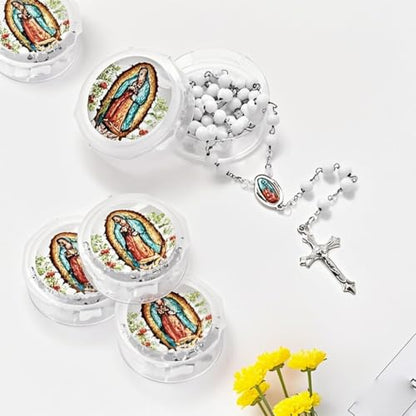 48 Pcs Scented Rosary Necklace Set with Gift Box – Wooden Bead Rosary with Crucifix for Women & Men, First Communion, Baptism, Party Favors - color: White