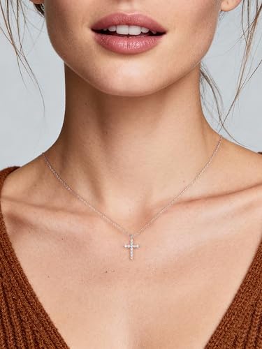 NORBU S925 Cubic Zirconia Cross Necklace for Women, Womens Cross Necklaces - color: Silver