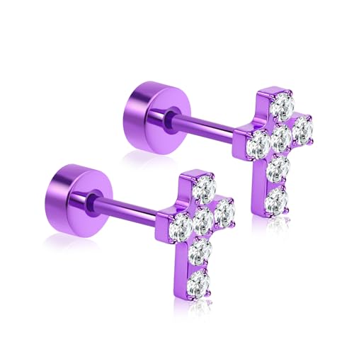XUU Purple Stud Earrings 20G ASTM F136 Implant-Grade Titanium - color: purple cross
