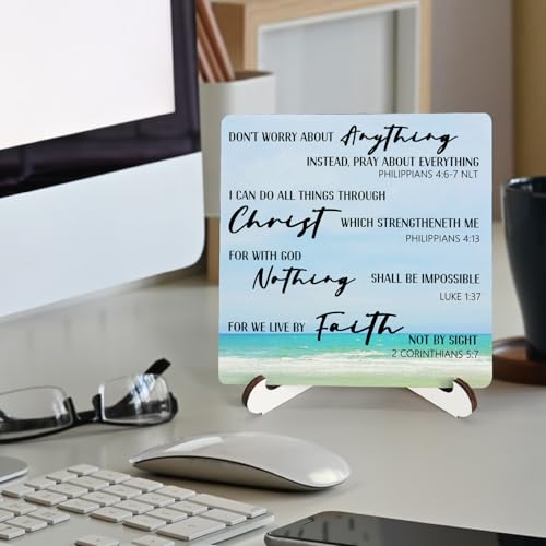 Beach Christian Bible Verse Wooden Sign Desk Decor, Christian Faith Based Gifts Wood Plaque Sign With Stand for Beach Lake House Home Office Desk Table Shelf Decoration, 5x5 Inch - color: Beach Faith, size: 5x5x1.1 in